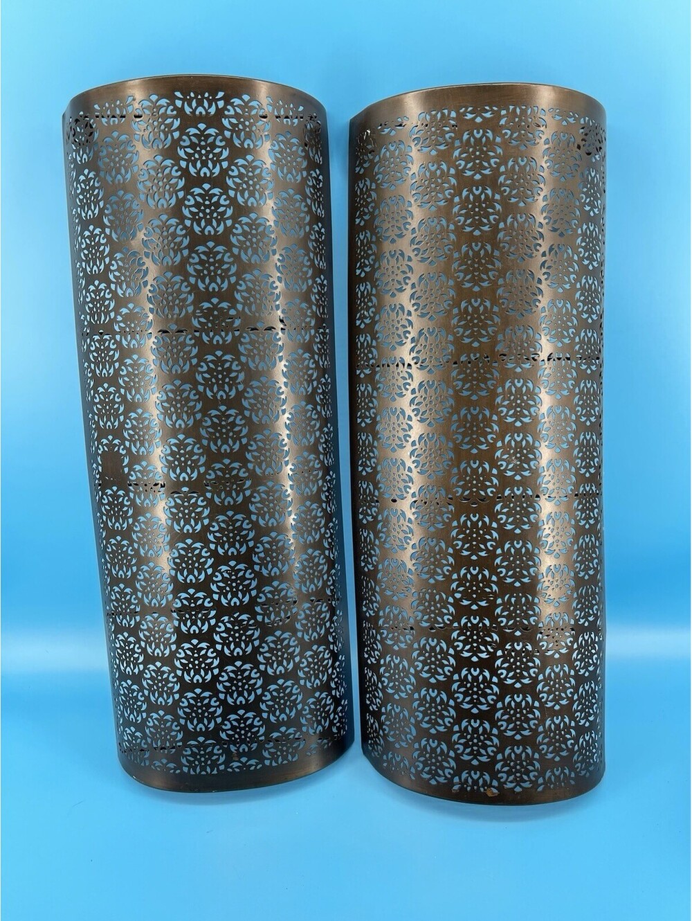 Set of 2 Bronze Wall Candle Sconces Pierced Metal Decorative Lantern Holders